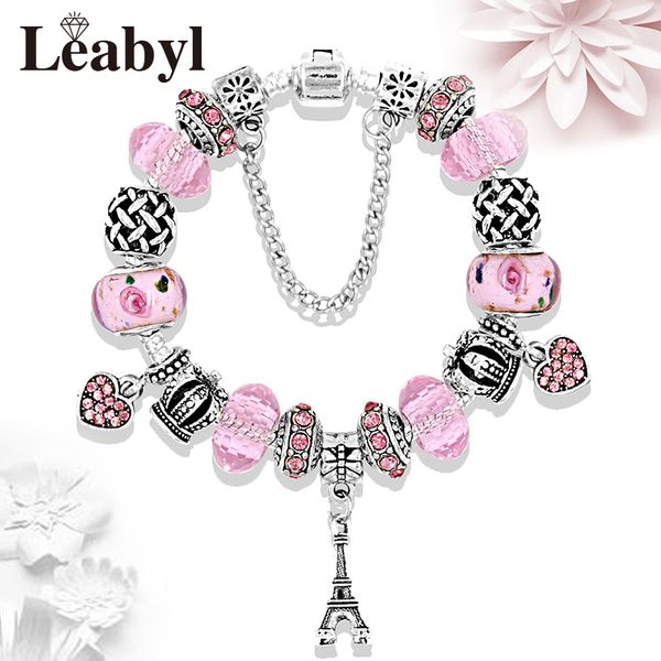 

charm bracelets leabyl romantic pink crystal heart bracelet antique silver color eiffel tower crown diy pendant beads for women, Golden;silver