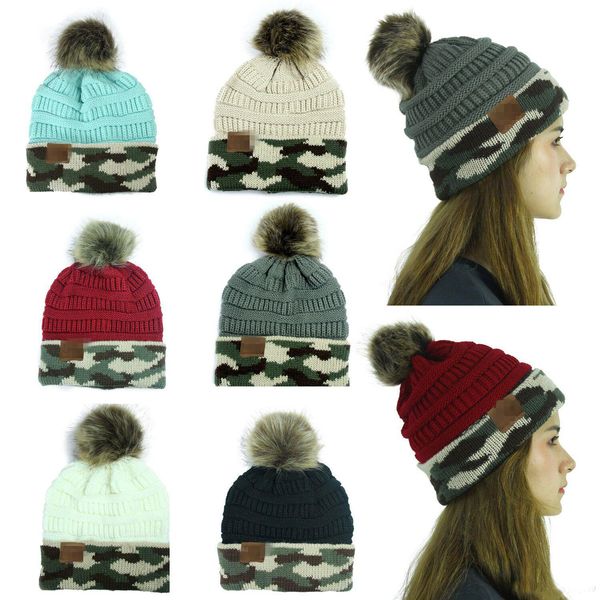 

fashion arrival women lady knitted cap cc skullies hat camouflage hem cap autumn winter warm hat heavy hair ball caps fa3191