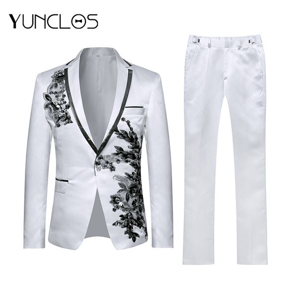 

yunclos 2019 decal design men suits black flowers banquet dinner party 2 pieces suits men tuxedos rear double split, White;black