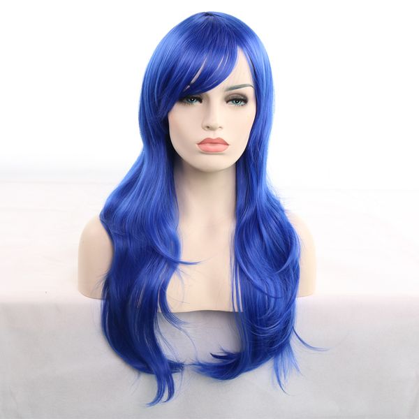 

euro-american 28 inch sapphire blue color cartoon cosplay long wavy wigs heat resistant for women, Black