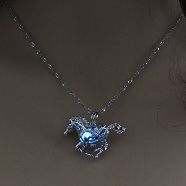 

luminous running horse luminous locket pendant necklace glowing in the dark vintage jewelry necklace for women choker, Silver