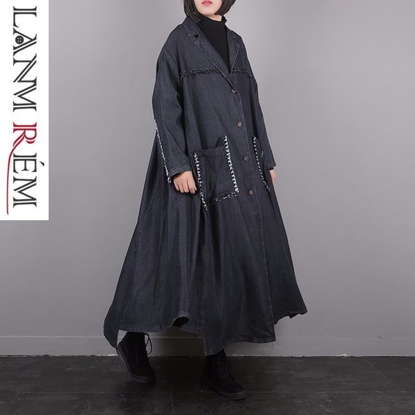 

lanmrem 2019 новая мода большой размер пальто женщин джинсовые старинные летучая мышь рукав однобортный отложным воротником свободные куртки, Tan;black