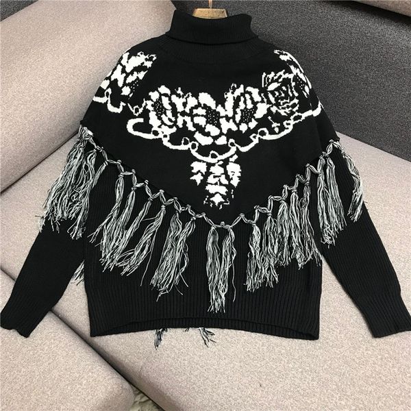

luxury designer brand knitted pullovers for women vintage turtleneck cloak sleeves tassel shawl knitted sweater 2pcs set, White;black