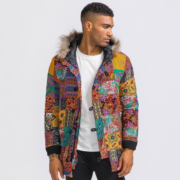 

man winter warm outwear floral print hooded pockets vintage oversize coats 2019 support wholesale dropshipping, Black