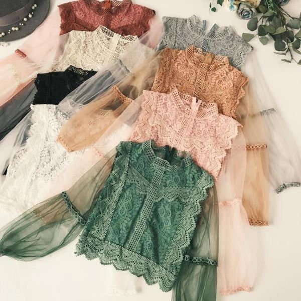 

women's blouses & shirts arrival ladies mesh lace hook flower lantern sleeve loose retro short pullover blouse women fashion cute voile, White