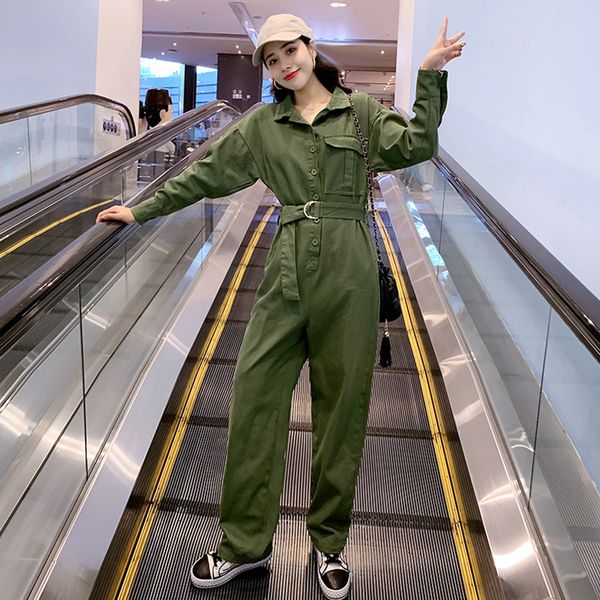 

vintage fashion jumpsuit romper women belt pockets button jumpsuit casual 2020 spring long sleeve female rose overalls, Black;white