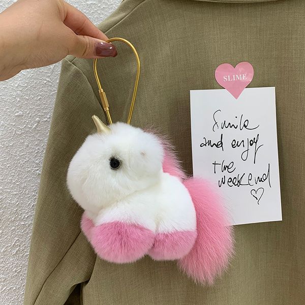 

real rabbit /rex fur unicorn keychain pompom ball bag charm keychain pendant kids toy gift, Silver