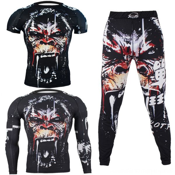 

mma sets rashguard boxing wear athletic & outdoor apparel tshirt printed monkey skull kickboxing tights long pants trousers muay thai bjj ji, Black;red