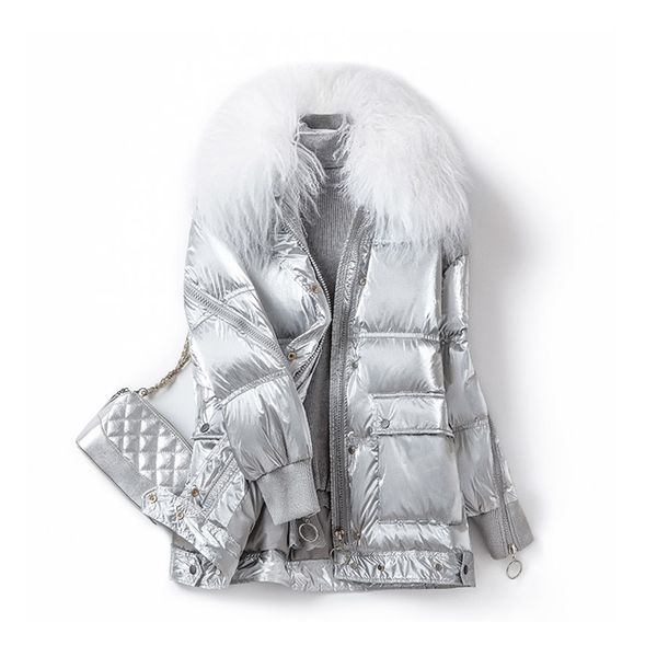 

large real fur collar 2019 winter jacket women 90% white duck down coat female thick warm waterproof loose down parkas outerwear, Black