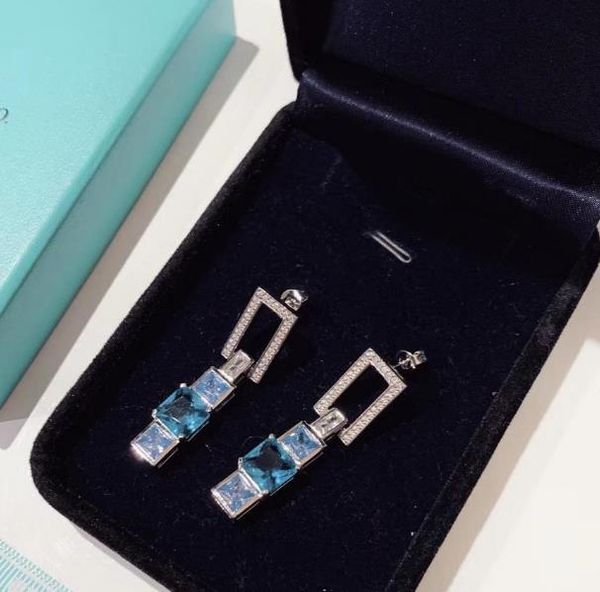 

holidays gift designer luxury jewelry her collection blue square diamond cutout stud earrings for women luxury birthday gift, Silver