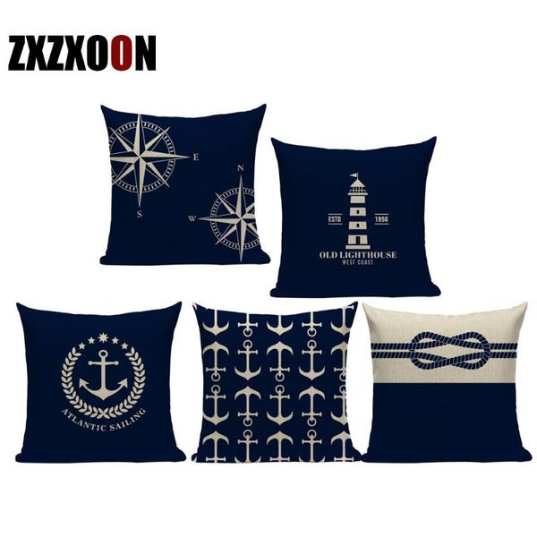 

geometric throw pillows case blue ocean navigation anchor lighthouse cotton linen sofa cushion cover for home decor almofadas