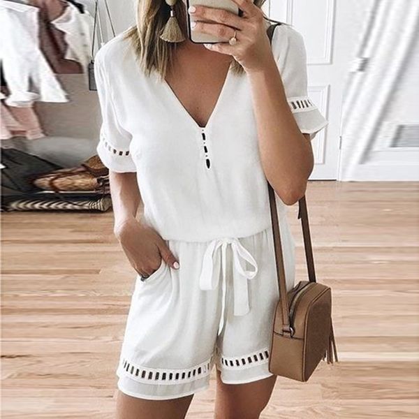 

women's lace patchwork siamese shorts v-neck hollow loose jumpsuit summer short sleeve casual pockets playsuits #lr3, Black;white