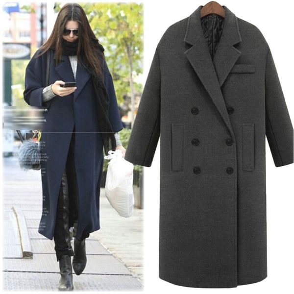 

autumn winter coat women 2019 casual wool solid coats blazers female elegant double breasted long coat ladies plus size 2xl, Black