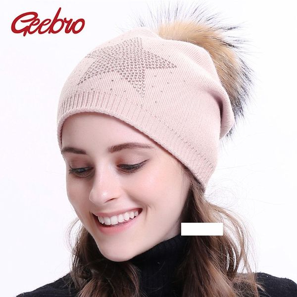 

geebro women's cashmere beanie hat with raccoon fur pompom winter knitted warm slouchy beanie female star rhinestones skullies, Blue;gray
