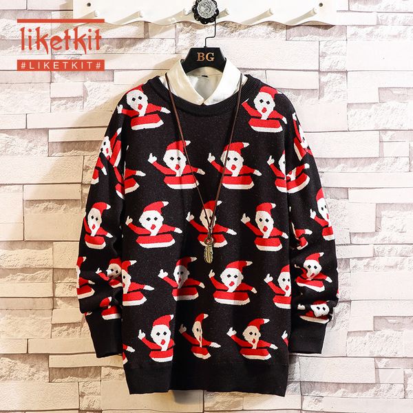 

liketkit winter christmas sweaters men women 2019 o-neck print funny knitted pullovers korean couples thicken warm sweaters 5xl, White;black