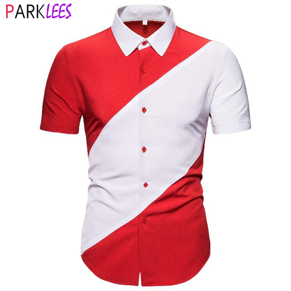 

stylish patchwork color shirts men short sleeve slim fit casual shirt male button down contrast hit shirt male camisas hombre, White;black