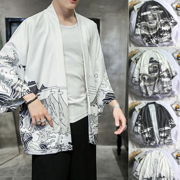 

2020 fashion kimono cardigan men's kimono cardigan oversize shirts printed shirt japanese obi male yukata samurai clothing, White;black