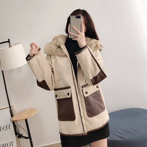 

jacket women autumn winter wild wild 2020 new loose imitation lamb wool retro color matching hooded cotton coat yy90, Black