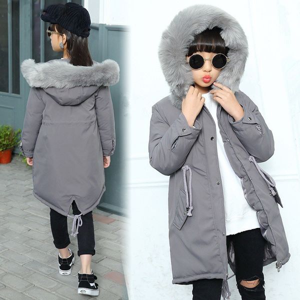 

new fashion children winter down cotton jacket girl clothes kids warm thick clothing hooded long coat for teenage 4y-13y, Blue;gray