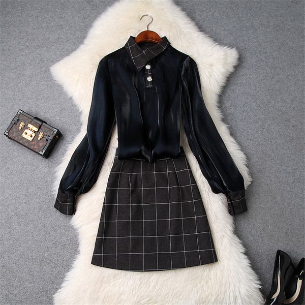 

designer women two piece outfits 2019 spring elegant lady office suit set full sleeve organza blouse+plaid skirt set, White