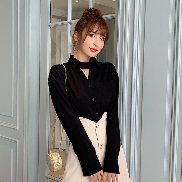 

2019 new autumn vintage women shirts full sleeve loose chiffon professional western style black carefully blouse shirt, White