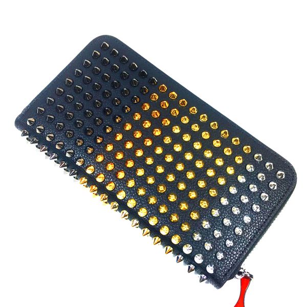 

full grain genuine leather bag original color full rivets long women and men zipper wallets purse, Red;black