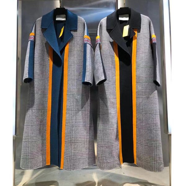 

11.19 high end new turn-down collar long sleeve plaid print contrast color design 100% sheep wool wool overcoat, Black