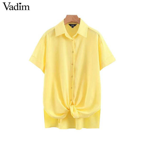 

vadim women stylish solid turn down collar blouse short sleeve sides split design shirts sweet female chic yellow da368, White