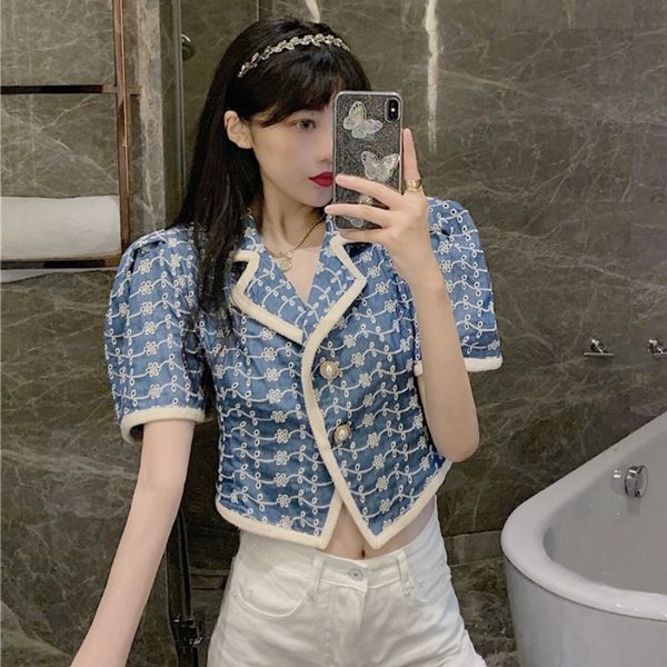 

2020 new summer fashion french elegant suit collar embroidered all-match slim short coat for women, White