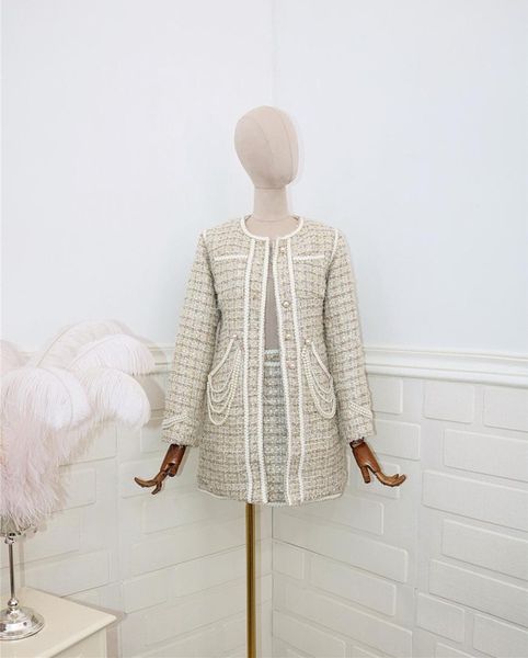 

skirt suit 2019 fashion winter pearl weaving long coat + skirt wool two-piece suit, White;black