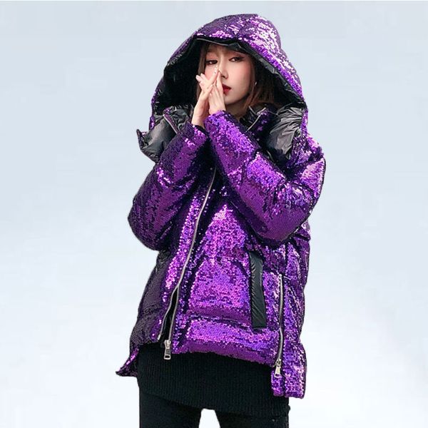 

full sequins parka woman 2019 winter coat thick hooded parka streetwear wide-waisted solid zippers pockets warm jacket parkas, Black