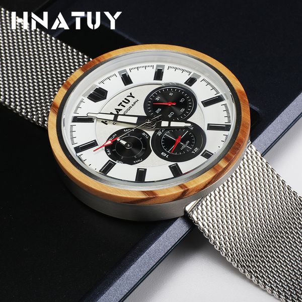 

hnatuy wood quartz watch men reloj hombre stainless steel 50m water resistant luxury mens watch fashion men's clock wristwatch, Slivery;brown