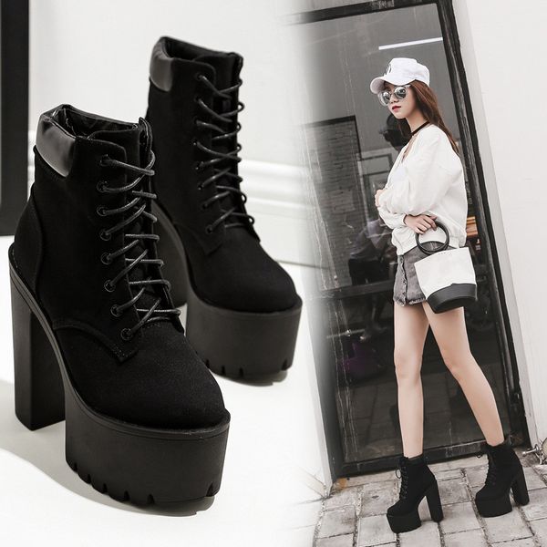 

lace up chunky heel bootee woman 2019 high heels boots women shoes clogs platform round toe luxury designer stiletto winter, Black