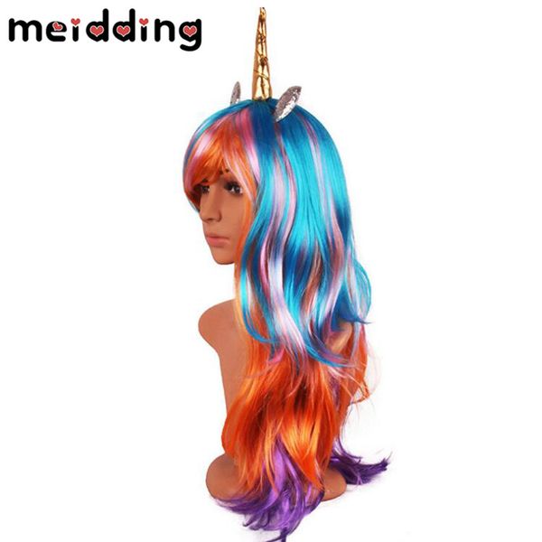

meidding 70cm long wavy unicorn cosplay wigs birthday party fake hair unicorn wigs with horn synthetic lolita anime decor