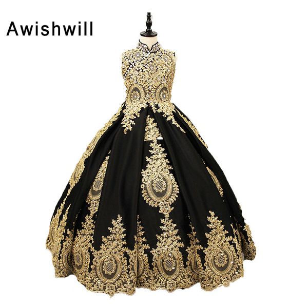 

real pictures custom made gold lace black satin high neck girl communion dresses pageant ball gowns party dress for girls, Red;yellow