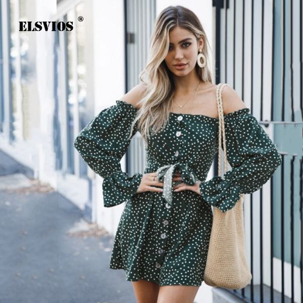 

ELSVIOS Sexy Slash Neck Polka Dot Button Chiffon Mini Dress Women Off Shoulder Flare Sleeve Summer Dress Backless Casual Dresses