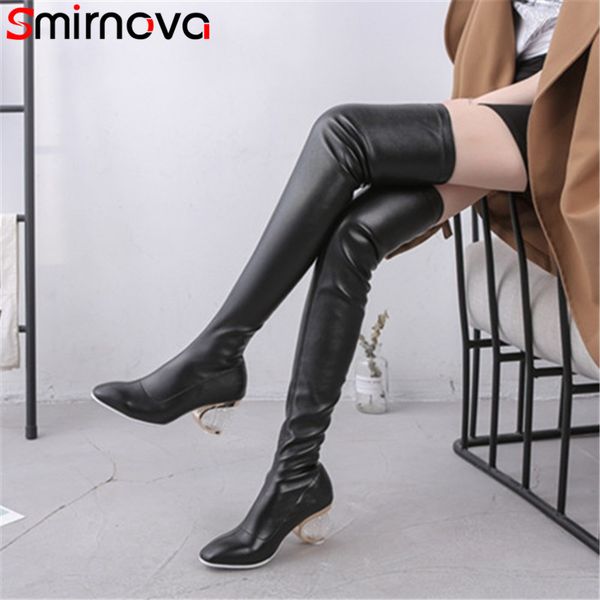

smirnova big size over the knee boots women square toe ladies shoes crystal heels slip on high heels shoes women boots 2019, Black
