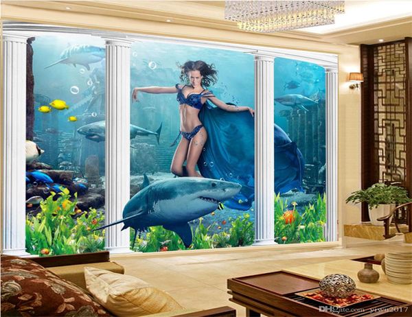 Foto personalizzata 3d Wallpaper 3D Shark Dolphin Underwater World Mermaid Coral Carta da parati tridimensionale con vista sul mare