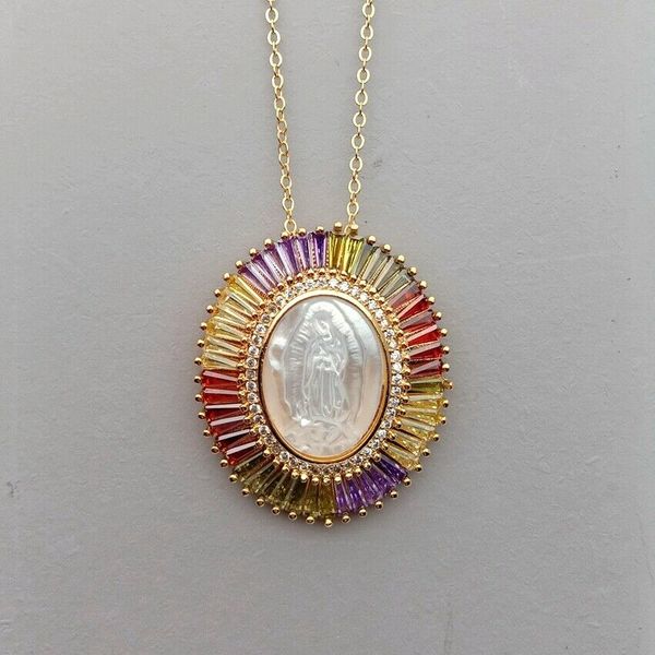 

white shell virgin mary rainbow cz micro pave oval pendant necklace, Silver
