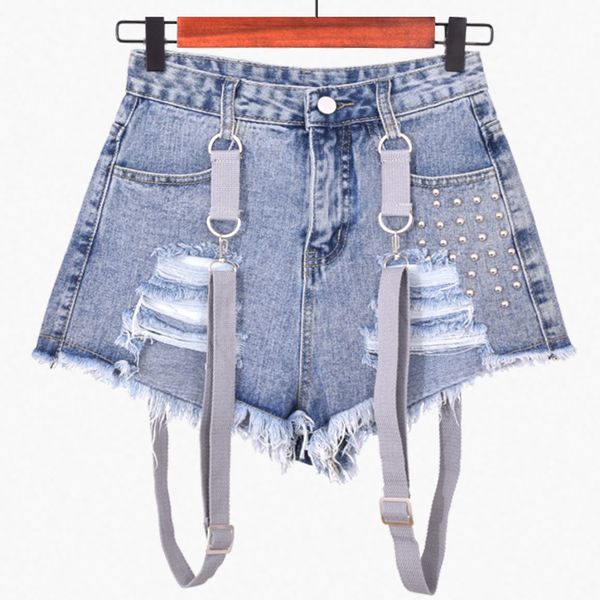 

black strap mini denim shorts women jeans punk hole tassel blue pastel goth pantalones vaqueros mujer micro beaded dekorasyon, White;black