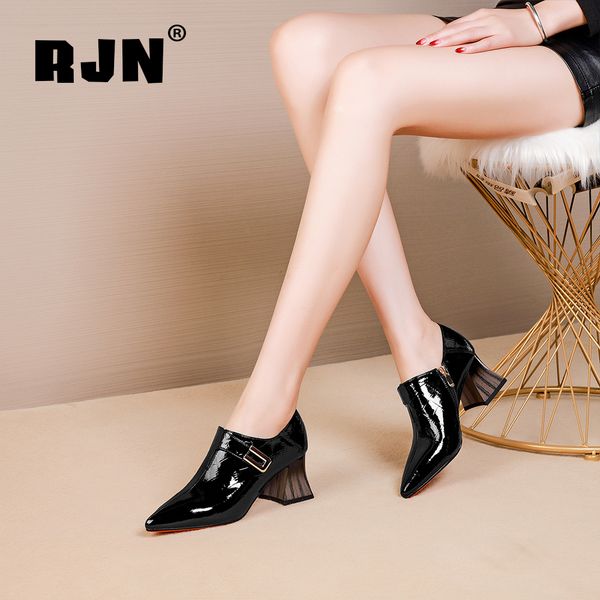 

rjn pointed toe pumps matel decoration stylish wood grain high heel shoes zipper pantent leather mature women pumps ro28, Black