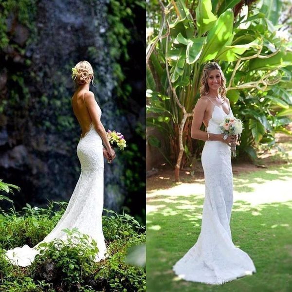 

Fashion Beach Wedding Dresses Spaghetti Straps Full Lace Sexy Backless Floor Length Garden Wedding Bridal Gowns Custom Made