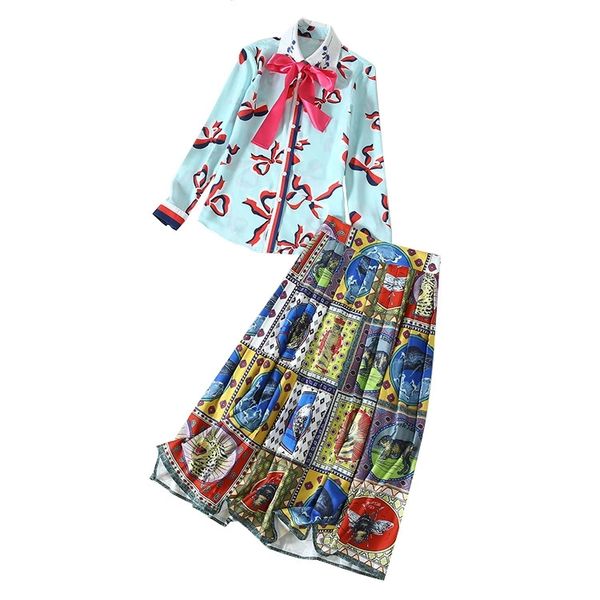 

european and american stars the same blue printed long-sleeved shirt + high waist pleated printed skirt suit, White