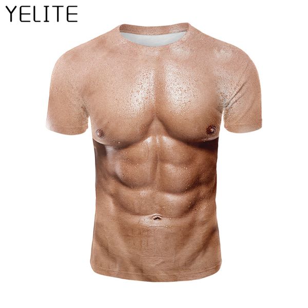 

yelite muscle short sleeve t shirt mens cool fake pectorales 3d printing streetwear man tee shirts tshirt abdominal male, White;black