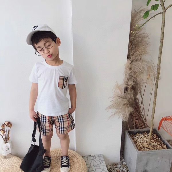 

boys luxury clothing sets 2020 summer children designer plaid printed tshirts + shorts boys two piece sets kids fashion clothing sell, White