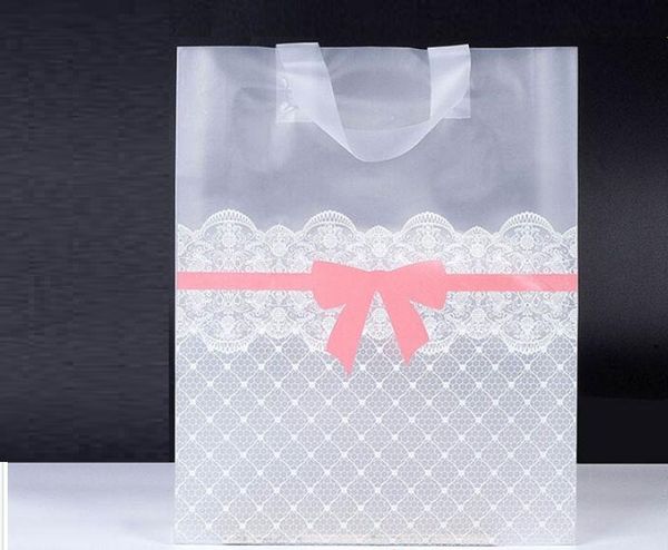 

25pcs pink bow lace plastic bags packaging handle party supplies big plastic bag for shops for clothes gift bag with handles