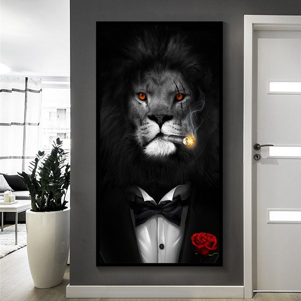 

black and white classy lion tiger elephant giraffe wolf horse wall art paintings animal wearing a hat canvas painting 191003