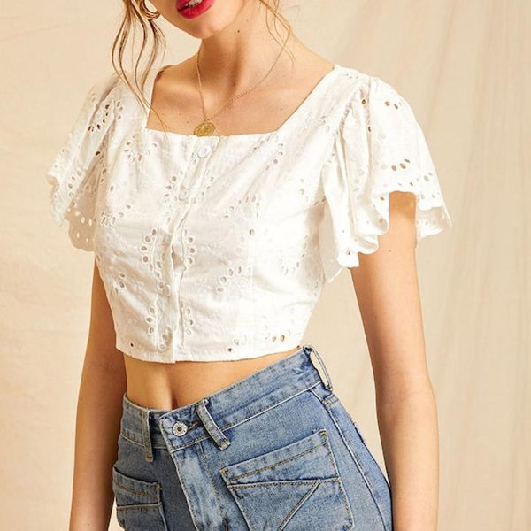 

2020 new short sleeve crop embroidered white summer cutout tee shirt butterfly sleeve blouse elegant button tee tank