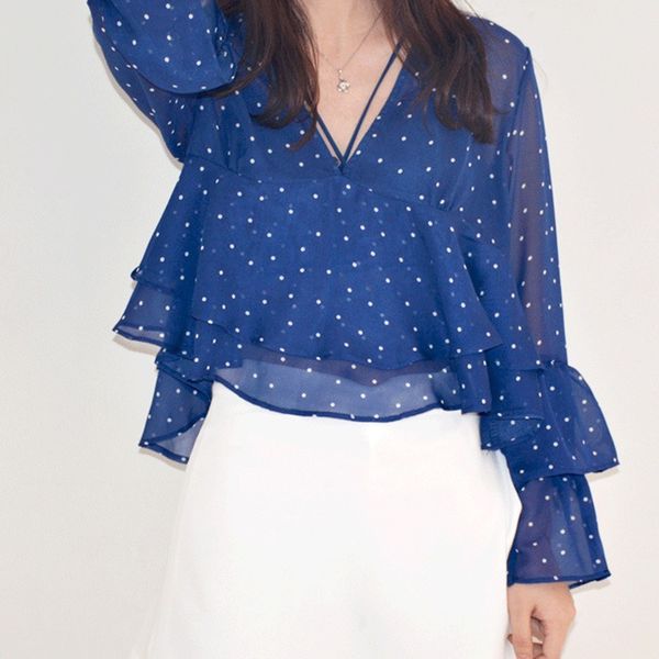 

women's blouse ruffle fashion woman blouses party wave point female v-neck shirt, White