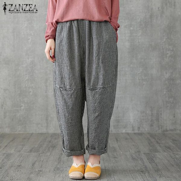

zanzea women pants cotton linen plaid harem trousers casual pockets long pantalones ladies vintage wide leg pants plus size 5xl, Black;white